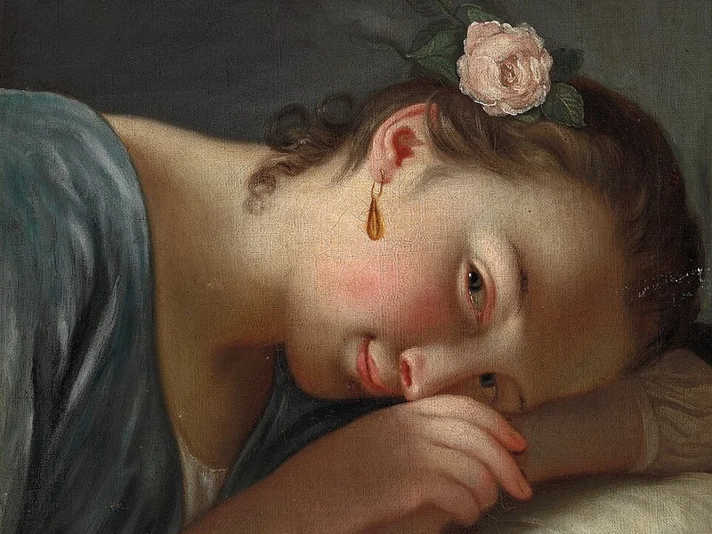 1745-Jens Juel - Una giovane donna con una rosa rosa tra i capelli